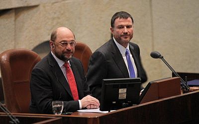 EU Parliament President Martin Schulz in the Knesset, Wednesday, February 12, 2014. (photo credit: Knesset Spokesperson's Office)