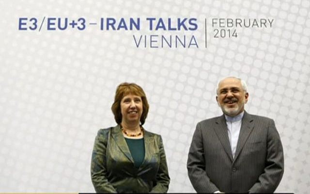 EU foreign policy chief Catherine Ashton and Iranian Foreign Minister Mohammad Javad Zarif before the round of talks in Vienna February 18, 2014. (Screen capture)