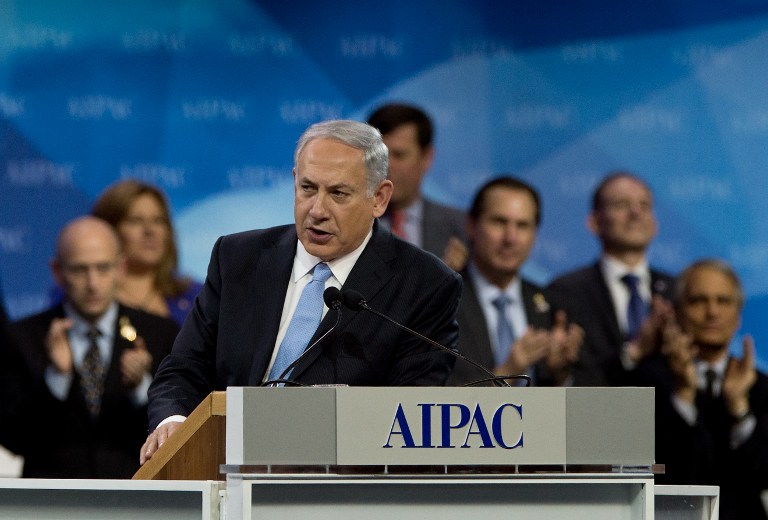 Benjamin Netanyahu finishes his address to the American Israel Public Affairs Committee (AIPAC) policy conference in Washington on March 4, 2014.  (photo credit: AFP/Nicholas Kamm)