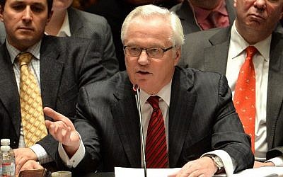 Vitaly Churkin, Russia's Ambassador to the United Nations, speaks to a meeting of the United Nations Security Council on March 19, 2014, at UN headquarters in New York. (AFP/Stan Honda)