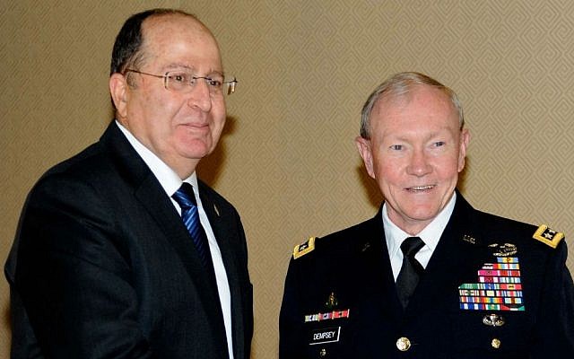 Israeli Minister of Defense Moshe Ya'alon (L) meets with US Chairman of the Joints Chiefs of Staff Gen. Martin Dempsey, in Jerusalem on March 30, 2014. (photo credit: David Azagury/US Embassy Tel Aviv/ Flash90)
