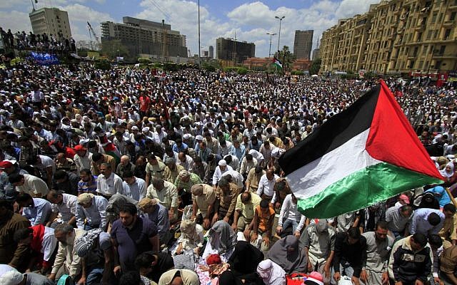 Egyptians wave Palestinian flags during Friday prayers at an anti-Israel rally in Cairo's Tahrir Square, May 13, 2011 (photo credit: AP/Khalil Hamra)