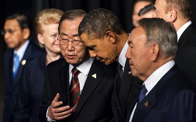 UN Secretary General Ban Ki-moon, third left, speaks with US President Barack Obama, second right,on the last day of the Nuclear Security Summit (NSS) in The Hague, Netherlands, Tuesday, March 25, 2014. (photo credit: AP Photo/Robin van Lonkhuijsen, Pool)
