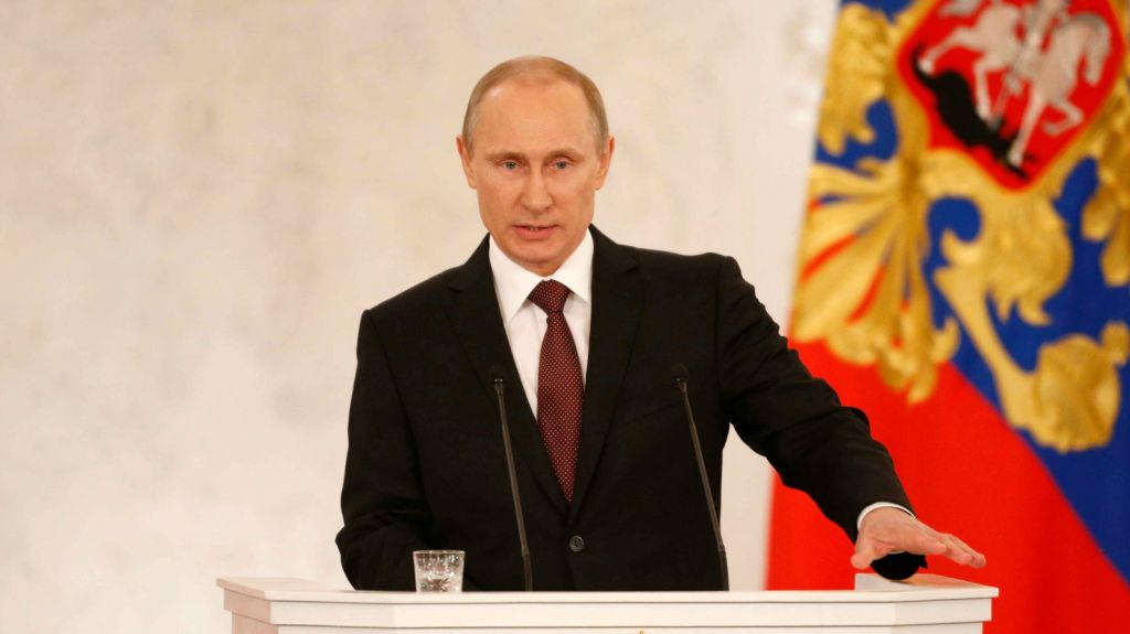 Russian President Vladimir Putin addresses the Federation Council in Moscow's Kremlin on Tuesday, March 18, 2014. (photo credit: AP/Alexander Zemlianichenko)