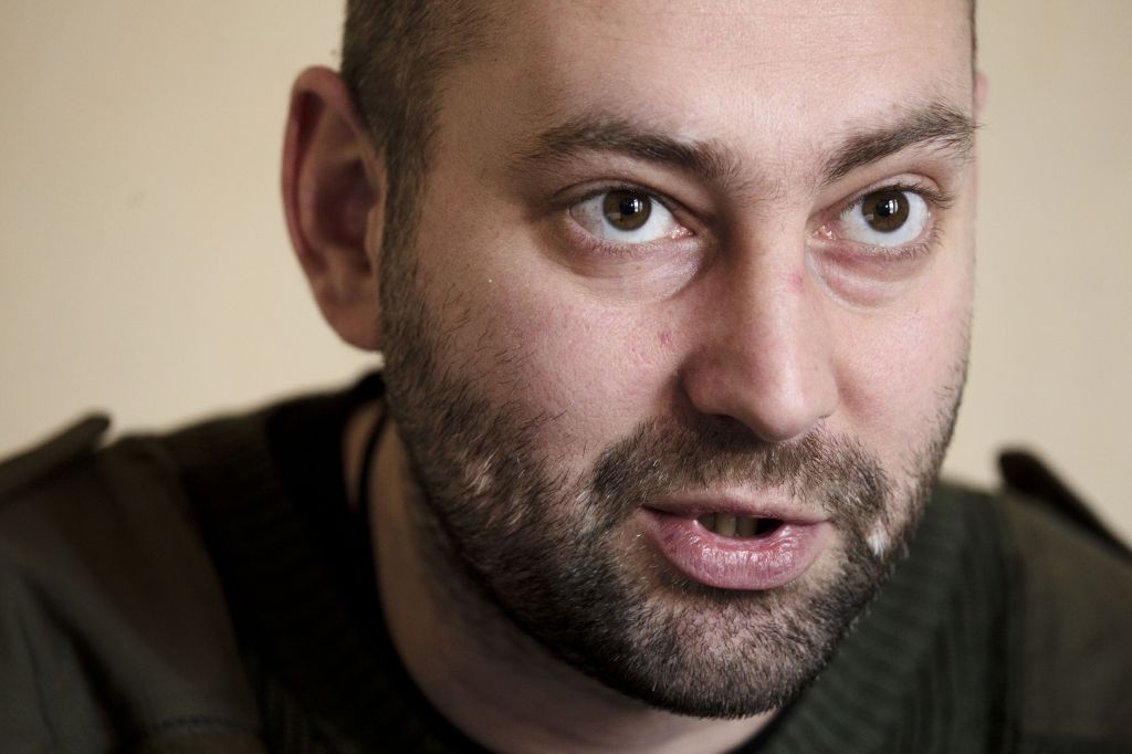 Andriy Tarasenko, a spokesman for the Right Sector, speaks during an interview with The Associated Press at the Dnipro hotel near the Independence Square, Kiev, Ukraine, on March 7, 2014 (photo credit: AP/David Azia)