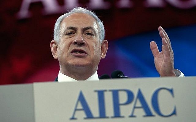 Prime Minister Benjamin Netanyahu addresses the AIPAC policy conference in Washington, DC, on March 4, 2014. (AFP/Nicholas Kamm)