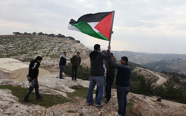 Palestinian activists place a flag post in E1 east of Jerusalem, lying within area C of the West Bank (photo credit: Issam Rimawi/Flash90)