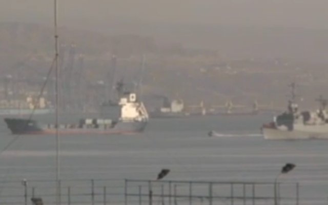 Klos-C enters port of Eilat in March with the INS Hanit alonside her. (screen capture: Ynet)