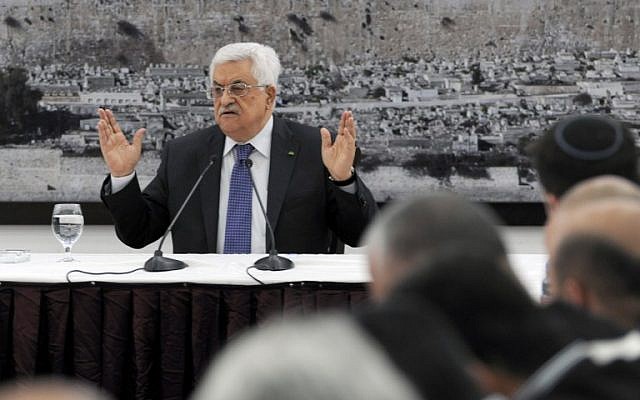 Palestinian Authority President Mahmoud Abbas holds a press conference in the West Bank city of Ramallah on April 22, 2014. (photo credit: AFP/ PPO/THAER GHANAIM)