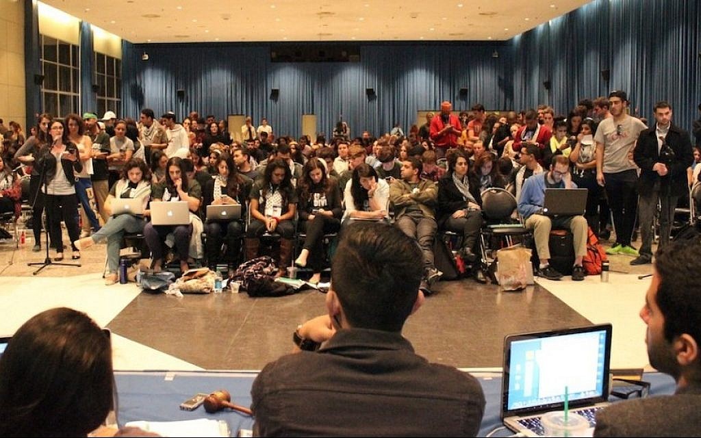 Members of UCLA’s student government listen to supporters and opponents of a divestment resolution targeting Israel, February 26, 2014. (Courtesy of StandWithUs)
