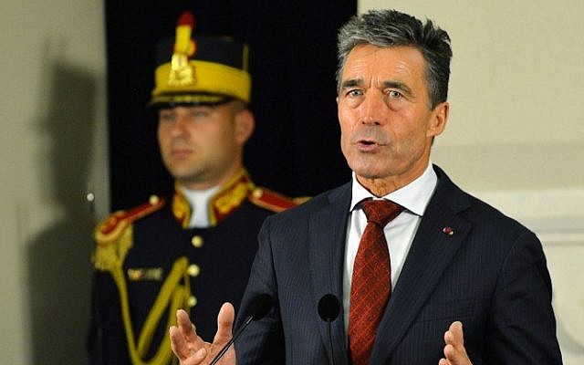 NATO Secretary-General Anders Fogh Rasmussen speaks during a press conference in Bucharest, Romania, on May 16, 2014. (photo credit: AFP/Daniel Mihailescu)