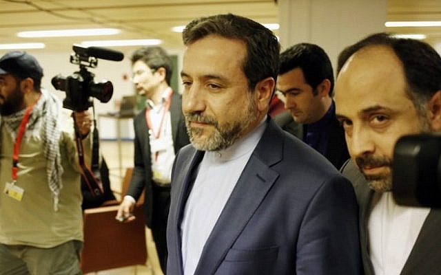 Abbas Araghchi (C), Iran's chief nuclear negotiator arrives at the Austria Center Vienna after another rounds of talks between the EU 5+1 on May 16, 2014 in Vienna. (photo credit: AFP/DIETER NAGL/file)