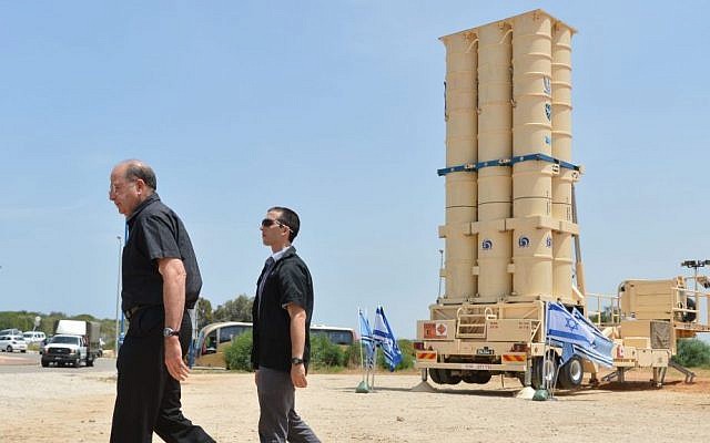 Defense Minister Moshe Ya'alon visiting the Arrow II intercepting missile launcher at the Palmahim Israeli Air Force base March 2, 2015. (Photo credit: Yossi Zeliger/Flash90)