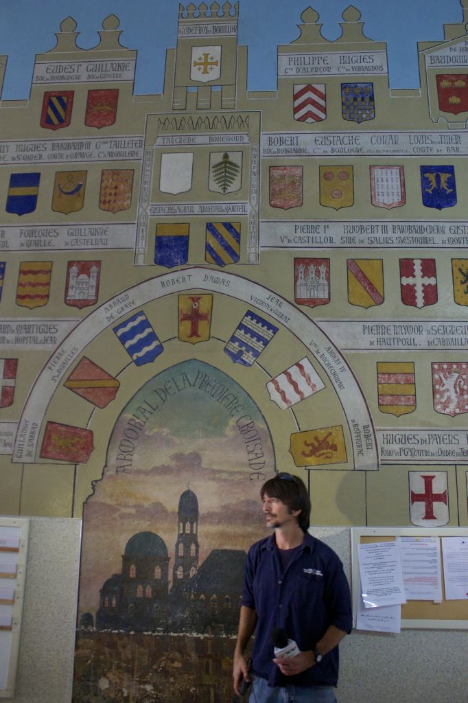 A secco painting in the hallway of the St. Louis French Hospital in Jerusalem showing chivalric coats of arms from the Crusades. (photo credit: Moti Tufeld)
