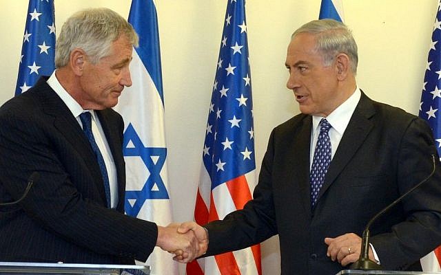 Prime Minister Benjamin Netanyahu (right) meets with US Secretary of Defense, Chuck Hagel, at the Prime Minister's office in Jerusalem, on Friday, May 16, 2014. (photo credit: Haim Zach/GPO/Flash 90)