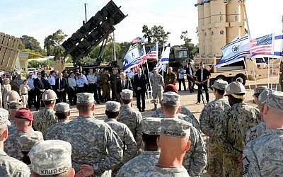 Then-US secretary of defense Chuck Hagel speaks to Israeli and US soldiers during a joint exercise called Juniper Cobra 14, May 2014. (Matty Stern/US Embassy/Flash90)