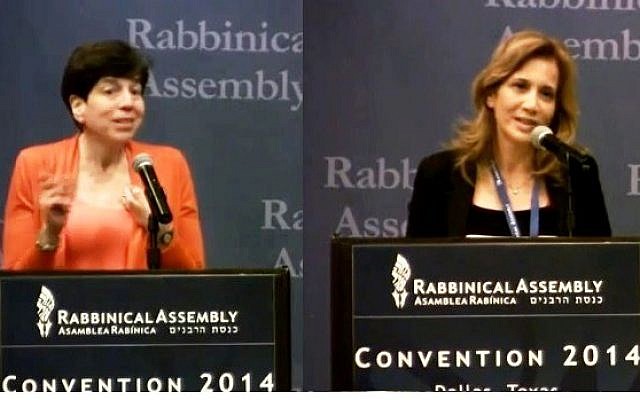 Conservative Rabbi Julie Schonberg (L.) responds to Yesh Atid MK Aliza Lavie (R.) at the Rabbinical Assembly of the Conservative Movement in Dallas, Texas, Thursday, May 15, 2014. (screen capture, YouTube)