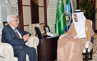 Saudi Crown Prince Salman bin Abdulaziz al-Saud (right) meets with Palestinian Authority President Mahmoud Abbas (left) in the Saudi Red Sea resort of Jeddah, on June 18, 2014. (AFP/HO/Saudi Press Agency)