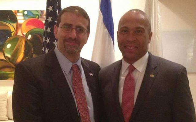 US Ambassador to Israel Dan Shapiro (L) greets Massachusetts Governor Deval Patrick at the King David Hotel last Wednesday (Photo credit: Courtesy)