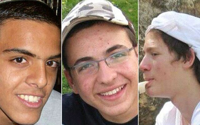 The three Israeli teenagers who were kidnapped and killed in the West Bank in June 2014, from left to right: Eyal Yifrach, Gil-ad Shaer and Naftali Fraenkel. (Courtesy)