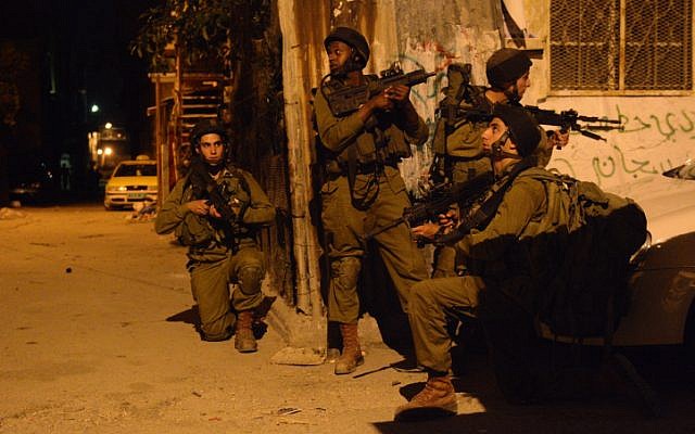 Illustrative image of the IDF 931 Nachal Brigade seen during search patrols in Balata refugee camp near Nablus in the West Bank, on the night of June 16, 2014. (IDF Spokesperson/Flash90)