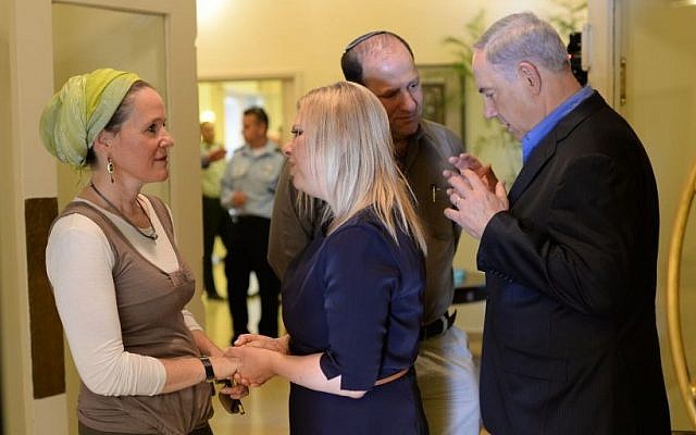 Prime Minister Benjamin Netanyahu and wife, Sara, meet June 20 with Rachelle and Avi Fraenkel, the parents of Naftali Fraenkel, 16, who was kidnapped in the West Bank on June 12, 2014, along with Gil-ad Shaar and Eyal Yifrach. June 20, 2014. (Photo credit: Kobi Gideon/GPO)