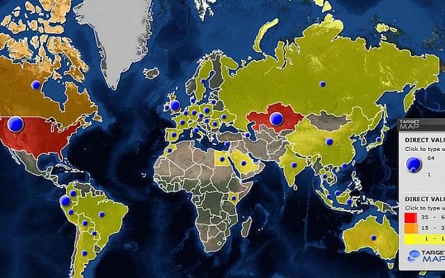 Map of the servers where data stolen by 'Remote Control System' is uploaded to (Photo credit: Kaspersky Lab)