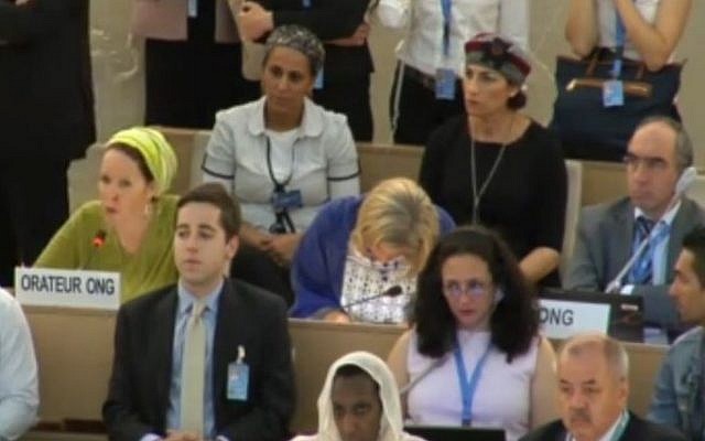 Rachelle Fraenkel (left, in yellow headscarf) addresses the United Nations Human Rights Council in Geneva, Tuesday, June 24, 2014 (screen capture: UN)