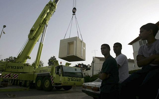 A concrete bomb shelter is placed in a school in Ashkelon, April 2009 photo credit: Edi Israel/Flash90)