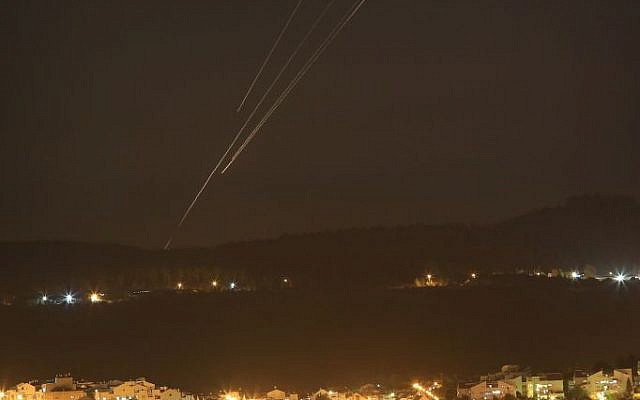 Rockets seen flying over central Israel on the fifth day of Operation Protective Edge, July 12, 2014. (Nati Shohat/Flash90)