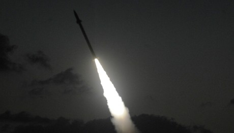 An Iron Dome Missile Defense battery set in the Ashdod area, fires an intercepting missile, on July 13, 2014. (Photo credit: David Buimovitch/Flash90)