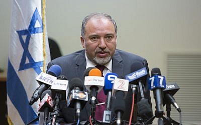 Foreign Minister Avigdor Liberman speaks during a press conference in the Knesset on Tuesday, July 15, 2014 (photo credit: Yonatan Sindel/Flash90)