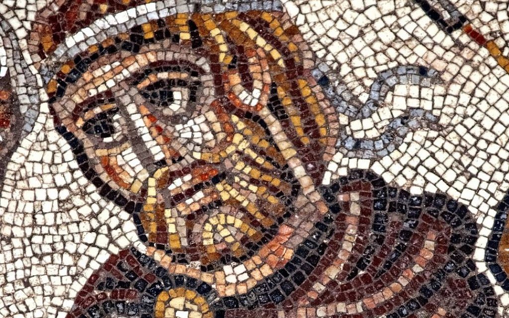 Detail of the head of a Greek military ruler in the Huqoq synagogue's 5th century mosaic. (photo credit: Jim Haberman)