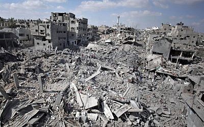 File: A general view shows the destruction in Gaza City's Shejaiya neighborhood, Saturday, July 26, 2014. (Photo credit: AP/Khalil Hamra)