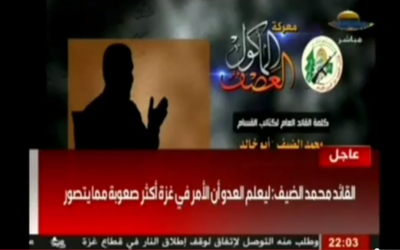 Izz ad-Dine al-Qassam Brigades's chief Mohammed Deif delivering a recorded address after a Hamas terrorist infiltration into Israel, July 30, 2014. (screen capture: YouTube/Gal Berger)