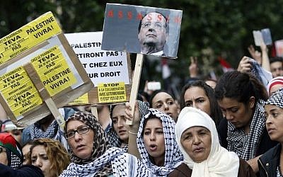 Protesters hold placards calling for the boycott of Israel and one depicting French president Francois Hollande with the word "assassin", on July 13, 2014 in Paris, during a demonstration against Israel and in support of residents in the Gaza Strip, where a six-day conflict has left 166 Palestinians dead.  (photo credit: KENZO TRIBOUILLARD / AFP)