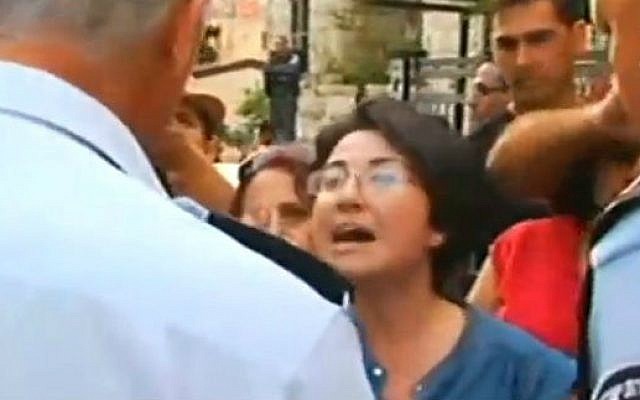 Balad MK Hanin Zoabi protesting at a Haifa demonstration against the IDF's operation in the Gaza Strip, July 2014 (photo credit: Channel 2 screen capture)
