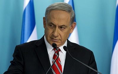 Prime Minister Benjamin Netanyahu speaks at a press conference at his Jerusalem office, on August 6, 2014. (Photo credit: AFP/Jim Hollander/Pool)