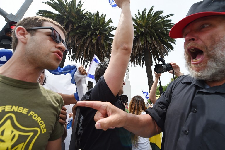 A Palestinian supporter, left, shouts at an Israel supporter in Los Angeles on August 2, 2014. (photo credit: AFP / Robyn Beck)