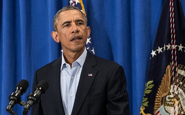 US President Barack Obama makes a statement at Martha's Vineyard, Massachusetts, on August 20, 2014. (photo credit: AFP Photo/Nicholas Kamm)