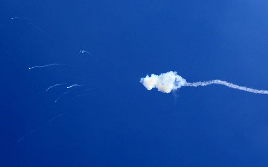 A rocket fired from Gaza Strip is shot down over Ashkelon by the Iron Dome missile defense system, on August 8, 2014. (Edi Israel/Flash90)