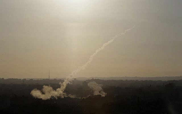 Illustrative. A rocket is fired at Israel from Gaza on August 9, 2014. (AP/Dusan Vranic)