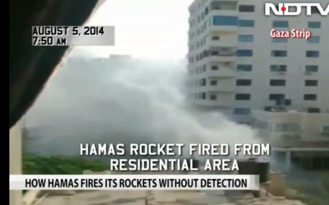Indian TV crew films Hamas rocket launch from Gaza City residential area, August 5 (NDTV screenshot)