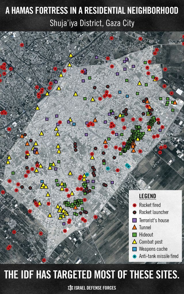 A map distributed by the IDF depicts terror infrastructure in the Gaza City neighborhood of Shejaiya (Photo credit: IDF)
