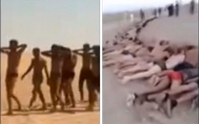 This undated photo combo taken from a video by the Islamic State group, a Syrian opposition group, which has been verified and is consistent with other AP reporting, shows still images of government soldiers captured near Tabqa, Syria according to a statement posted online and circulated on Twitter by supporters of Islamic State group. The photo to the left shows what the extremist group said were the soldiers stripped down to their underwear marching in the desert. The photo to the right shows more than 150 men apparently killed. (photo credit: AP Photo/ The Islamic State group)