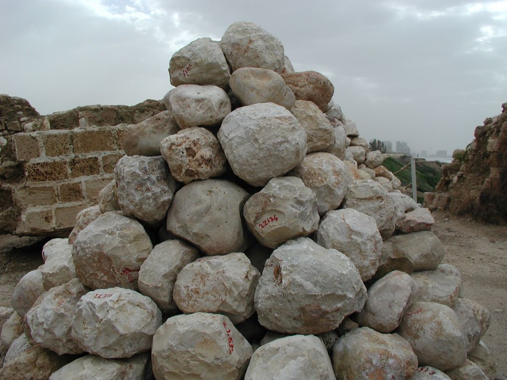 Some of Apollonia's 2,6000 ballista stones (photo credit: Shmuel Baram)