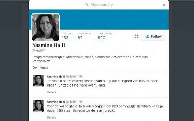 Dutch Justice Ministry employee Yasmina Haifi's Twitter feed.