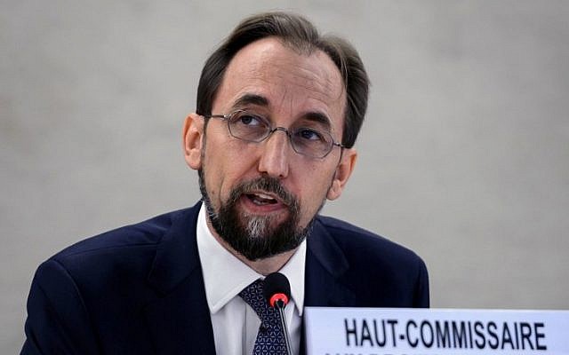 UN High Commissioner for Human Rights Zeid Ra'ad Al Hussein delivers a speech at the opening of the 27th session of the UN Human Rights Council on September 8, 2014 in Geneva. (AFP/Fabrice Coffrini)