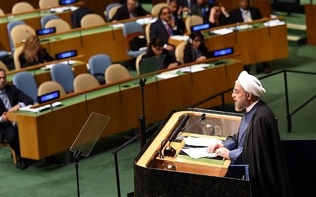 President of Iran Hassan Rouhani addresses the 69th session of the United Nations General Assembly September 25, 2014 at the United Nations in New York. (Photo credit: AFP/Don Emmert)