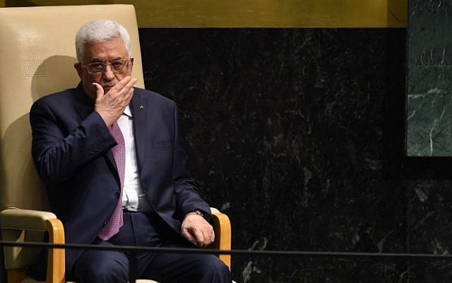 Palestinian Authority President Mahmoud Abbas after addressing the 69th Session of the UN General Assembly in New York, September 26, 2014. (photo credit: AFP/Timothy A. Clary)